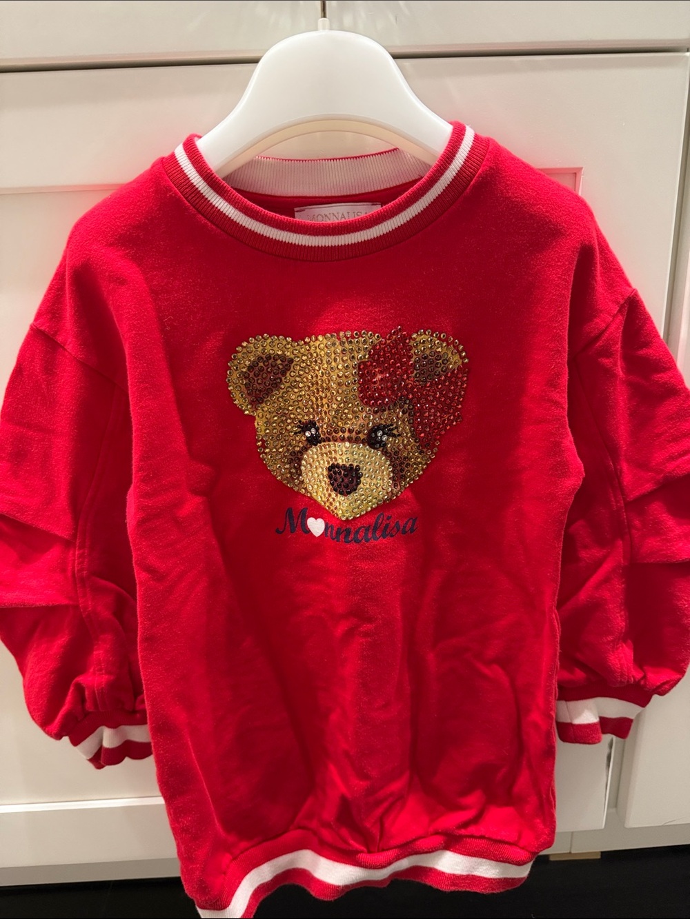 MonnaLisa Red Girls' Sequin Bear Sweatshirt with Gold Accent